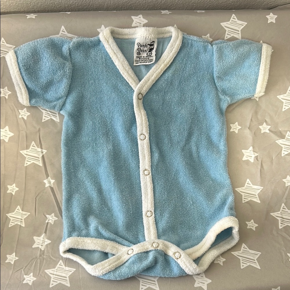 VINTAGE Panda Bear Blue Terry Cloth Baby Romper